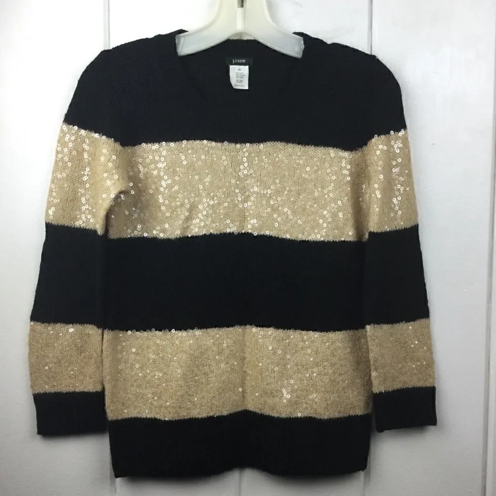 J. Crew Sequin Sweater, Black Gold Stripe Sequin Crew Sweater XS‎